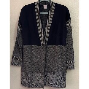 Chicos Open Front Cardigan Sweater Navy Geometric Print Patchwork Size 0 S